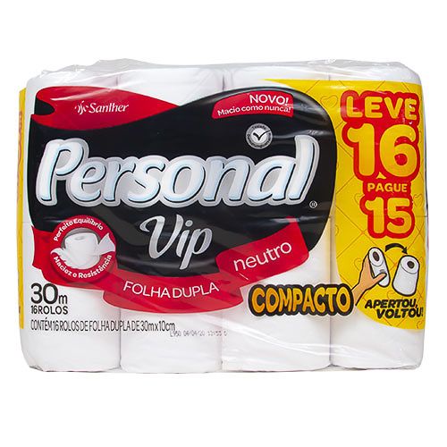 Papel Higienico Personal Vip Folha Dupla 30m L16 P15 Neutro