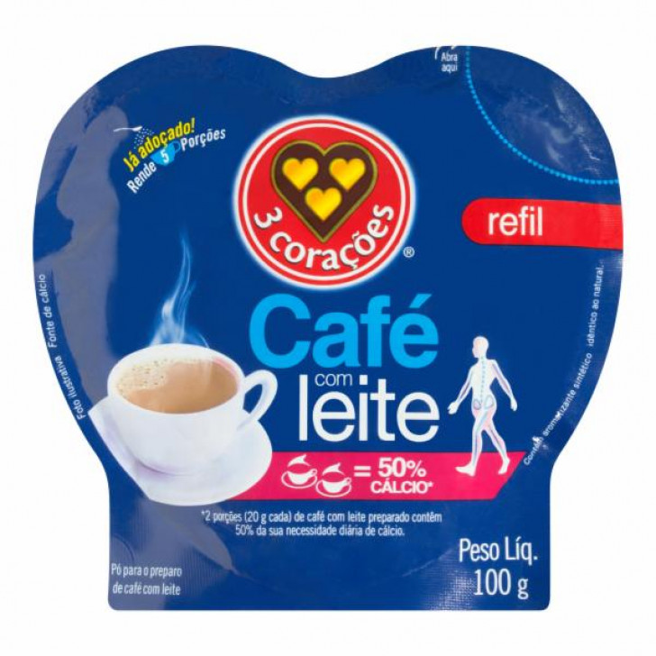 3 Coracoes Caf Com Leite Solvel Coraes Refil 100g