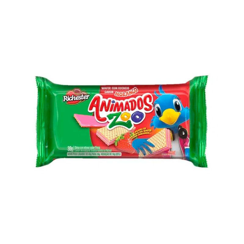 Biscoito Wafer Recheio Morango Richester Animados Zoo Pacote 30g